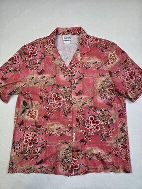 Vintage BonWorth Womens Small Floral Butterflies Short Sleeve Shirt Pink